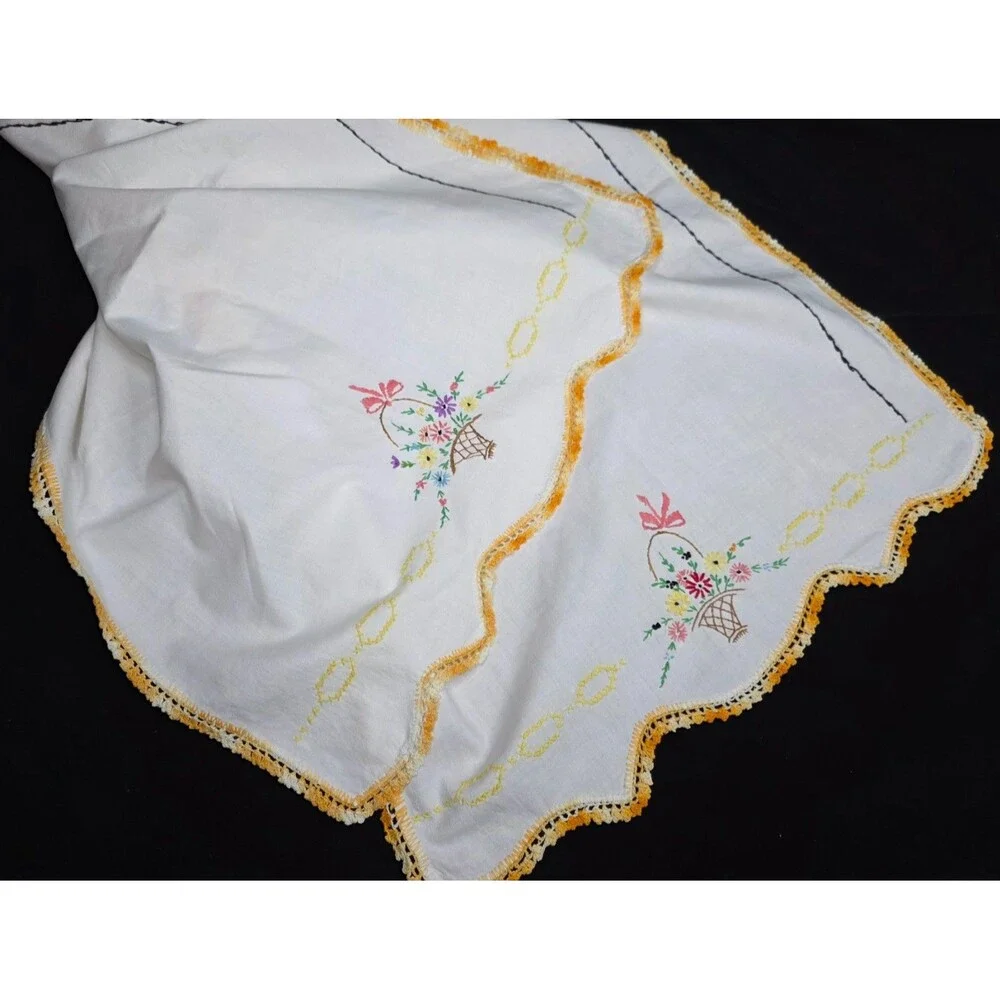 Vintage Embroidered Table Runner – Yellow Floral with Crochet Trim – 19.5